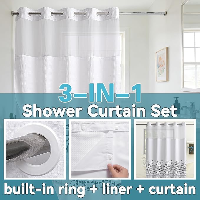 Conbo Mio Extra Long No Hook Waffle Weave Shower Curtain with Snap in Liner Set, Hotel Luxury Boho Shower Curtains for Bathroom with See Through Top Window, Waterproof, Washable 71W x 84H White