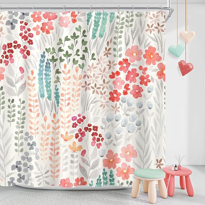 Extra Long Shower Curtain 72 x 84 Inch, Tall Cute Floral Shower Curtain for Bathroom, Retro Red Teal Wildflower Boho Cottagecore Fabric Shower Curtain Set with Hooks