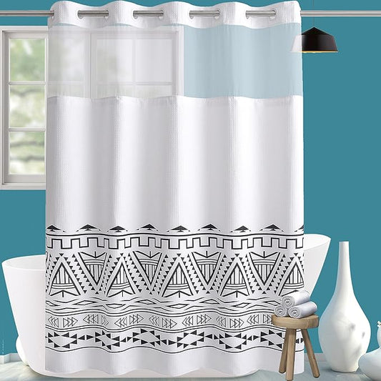 Conbo Mio Extra Long No Hook Waffle Weave Shower Curtain with Snap in Liner Set, Hotel Luxury Boho Shower Curtains for Bathroom with See Through Top Window, Waterproof, Washable 71W x 84H White