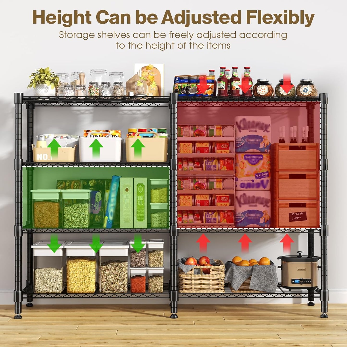 Himimi 4-Tier Adjustable Metal Shelving - 1600LBS Capacity, Heavy Duty Wire Organizer for Kitchen, Garage, Pantry, Laundry, 72" W x 18" D x 60" H, Black