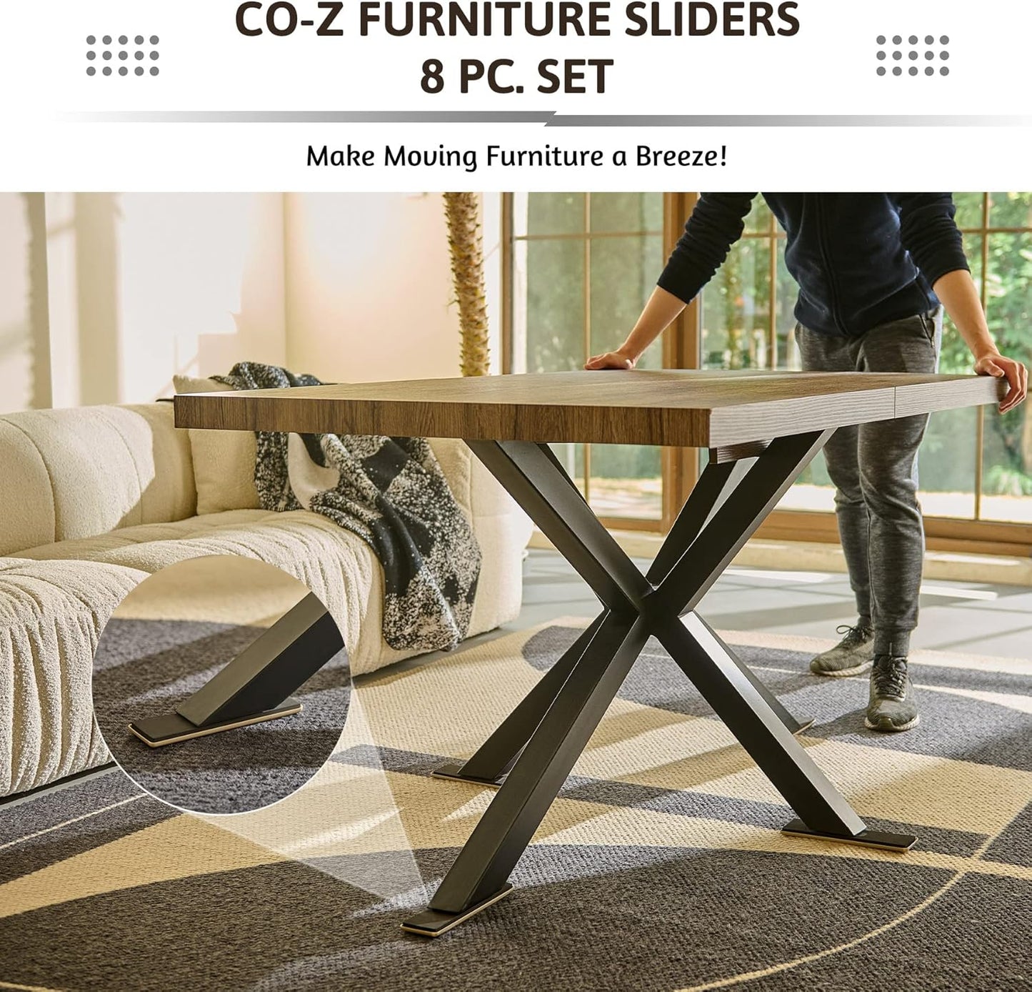 CO-Z Large Furniture Sliders - 8 Pack, 2 1/2" x 9" Rectangle Reusable Furniture Sliders for Carpet, Heavy-Duty Furniture Gliders Movers for Hardwood Floors, Plastic Moving Pads for Heavy Furniture