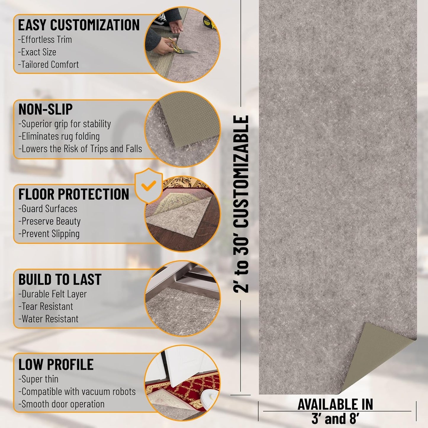 Ottomanson 3' x 11' Non-Slip Rug Pad Gripper 1/4 Inch Thick Dual Surface Felt + Rubber Gripper - Safe for All Floors, Brown