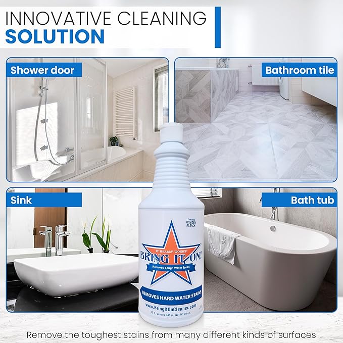 Bring It On Cleaner Hard Water Stain Remover, Shower Door Cleaner, Clean Tile and Grout, Windows, Fiberglass, Tubs, Chrome,32 Ounce. - 2 Pack