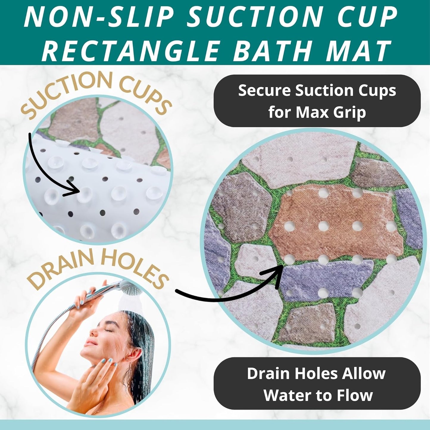 ENKOSI Bath Mat – Large 40 x 16 Inch Non-Slip Bathtub Mat with Secure Suction Cups & Drain Holes – Extra Long Bathroom Shower Mat for Tub with Stone Path Design (40x16 Stone Path)