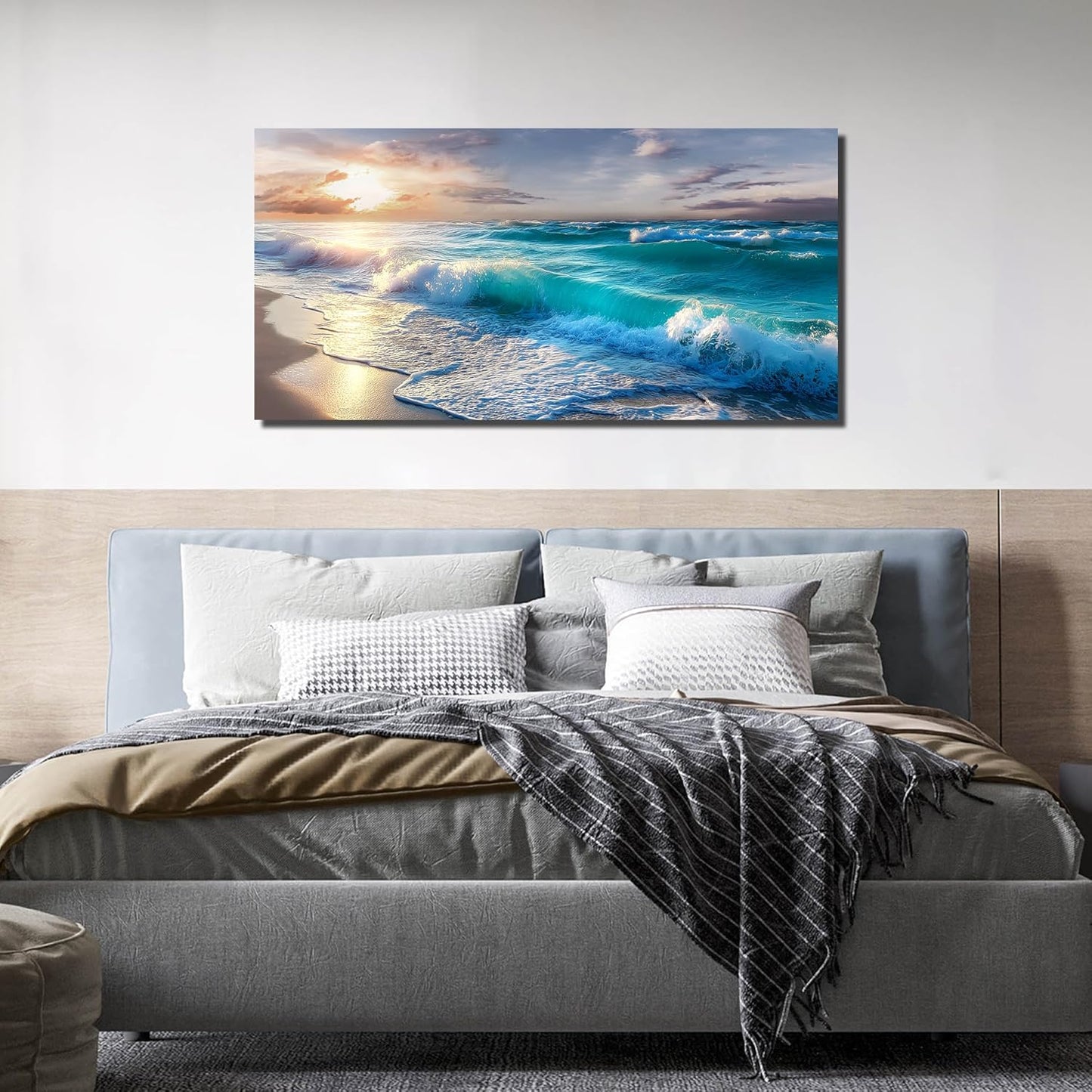 GUGIKA Ocean Wall Art for Living Room, Blue Wave and Large Coastal Beach Canvas Wall-Decor for Bedroom, Gold Sun Scenery Pictures for Hallway Office, Size 48 x 24 Inches