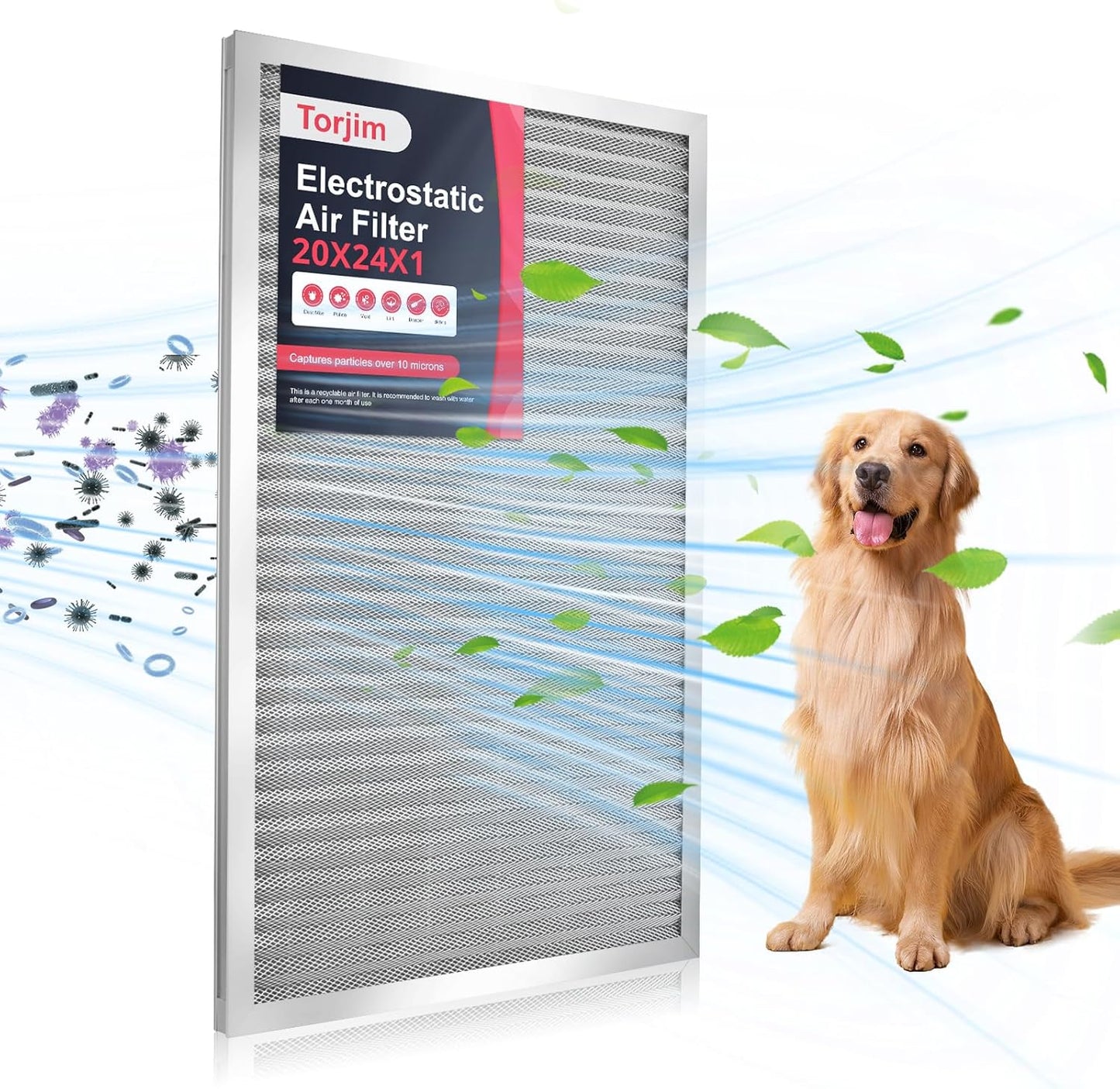 Torjim 20x24x1 Air Filter-MERV8, Washable & Reusable AC/HVAC Permanent Electrostatic Furnace Filters, Breathe Fresher, Easy Install