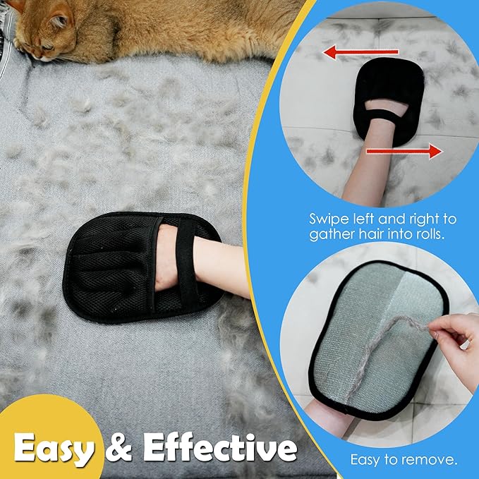 Five-Finger Pet Hair Removal Glove, Electrostatic Dog and Cat Hair Remover, Resuable and Washable Pet Hair Cleaning Tool for Furniture, Couch, Clothes, Carpet, Bedding...Black, 1 Piece
