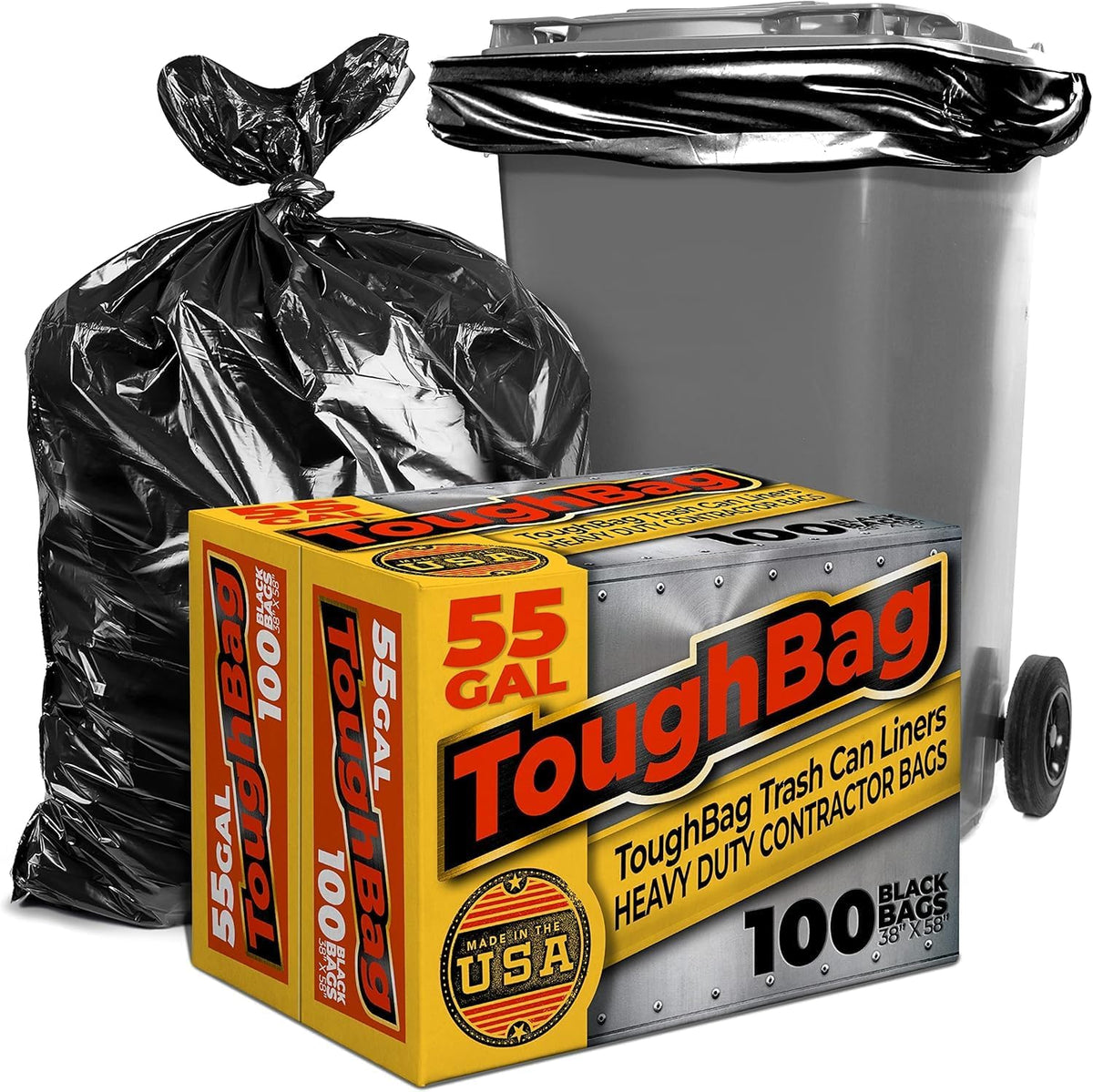 ToughBag 55 Gallon Trash Bags Heavy Duty (100 Count) - 50-60 Gallon Black Garbage Bags, Large Trash Bags - 38 x 58" - Made in USA