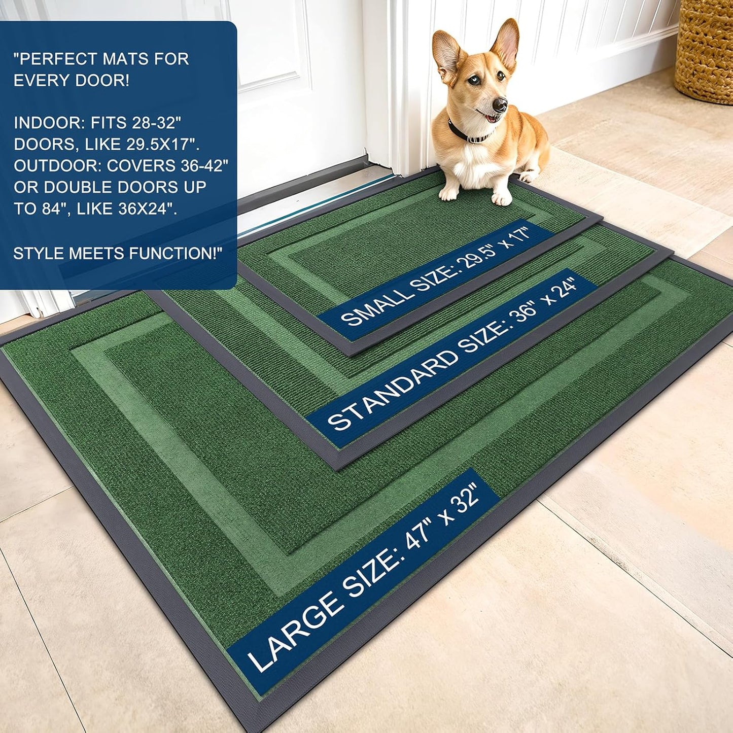 OLANLY Front Door Mat Indoor Outdoor Entrance, Waterproof All-Season, All-Weather Doormat, Sturdy Natural Rubber, Fade Resistant, Low Profile, Easy Clean Patio Porch Entryway Mat, 59x35, Green