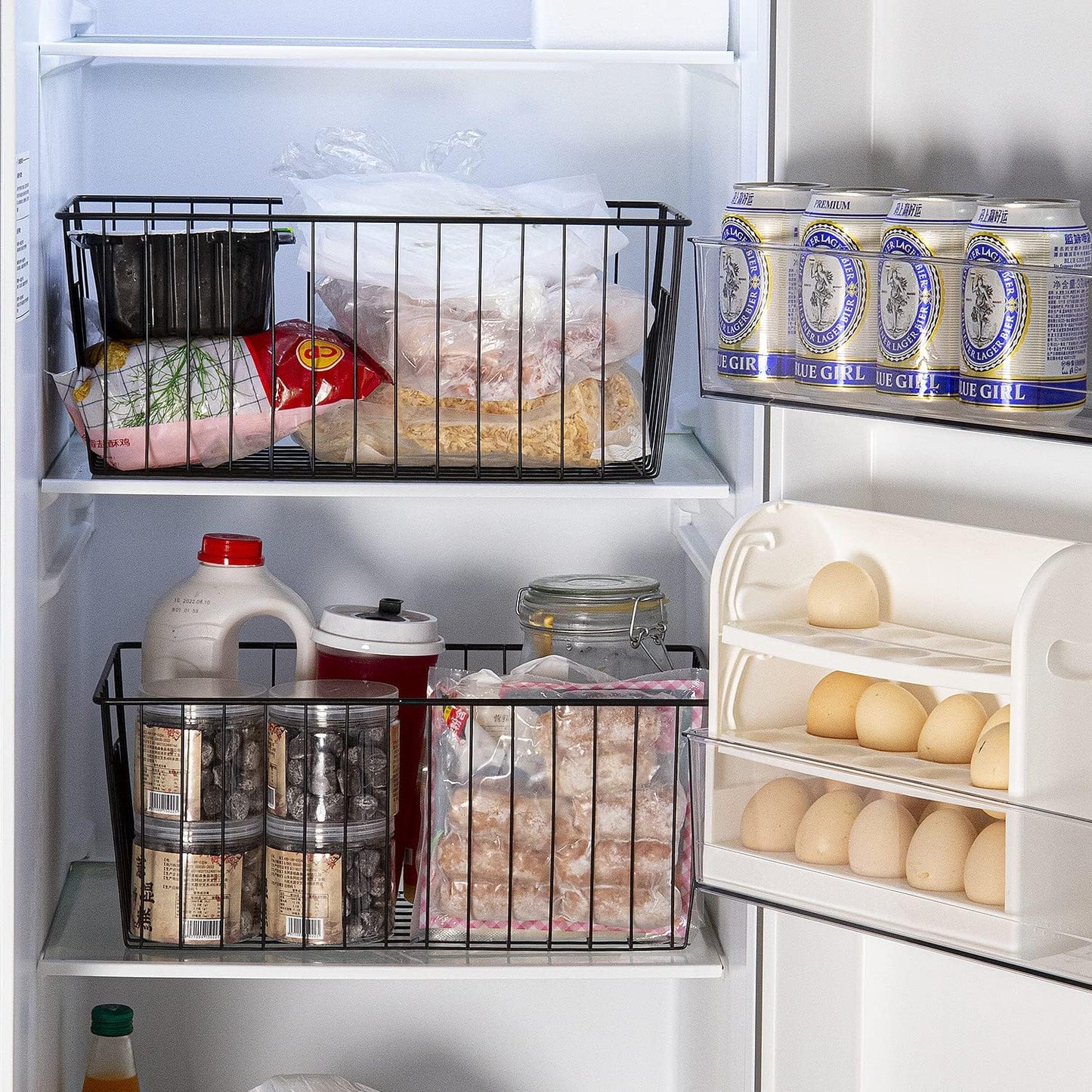 16inch Freezer Wire Storage Organizer Baskets, Household Refrigerator Bin with Built-in Handles for Cabinet, Pantry, Closet, Bedroom Black,4pack