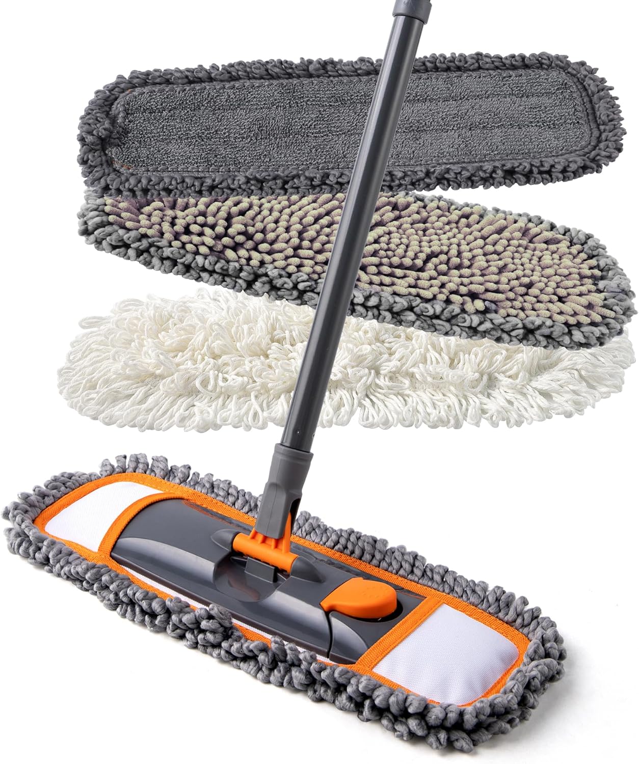 Mops for Floor Cleaning with 3 Different Washable Pads and Extendable 55” Long Handle, Multifunction Dust Mop for Hardwood,Marble,Tile Floor Mopping,Orange
