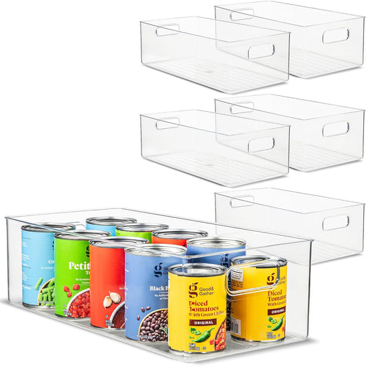 Plastic Food Storage 6 Pack Clear Container Bin with Handles for Organizing Kitchen, Pantry, Refrigerator, Freezer, Pantry, Cabinet, Closet, Bathroom. 16”x8”x5”