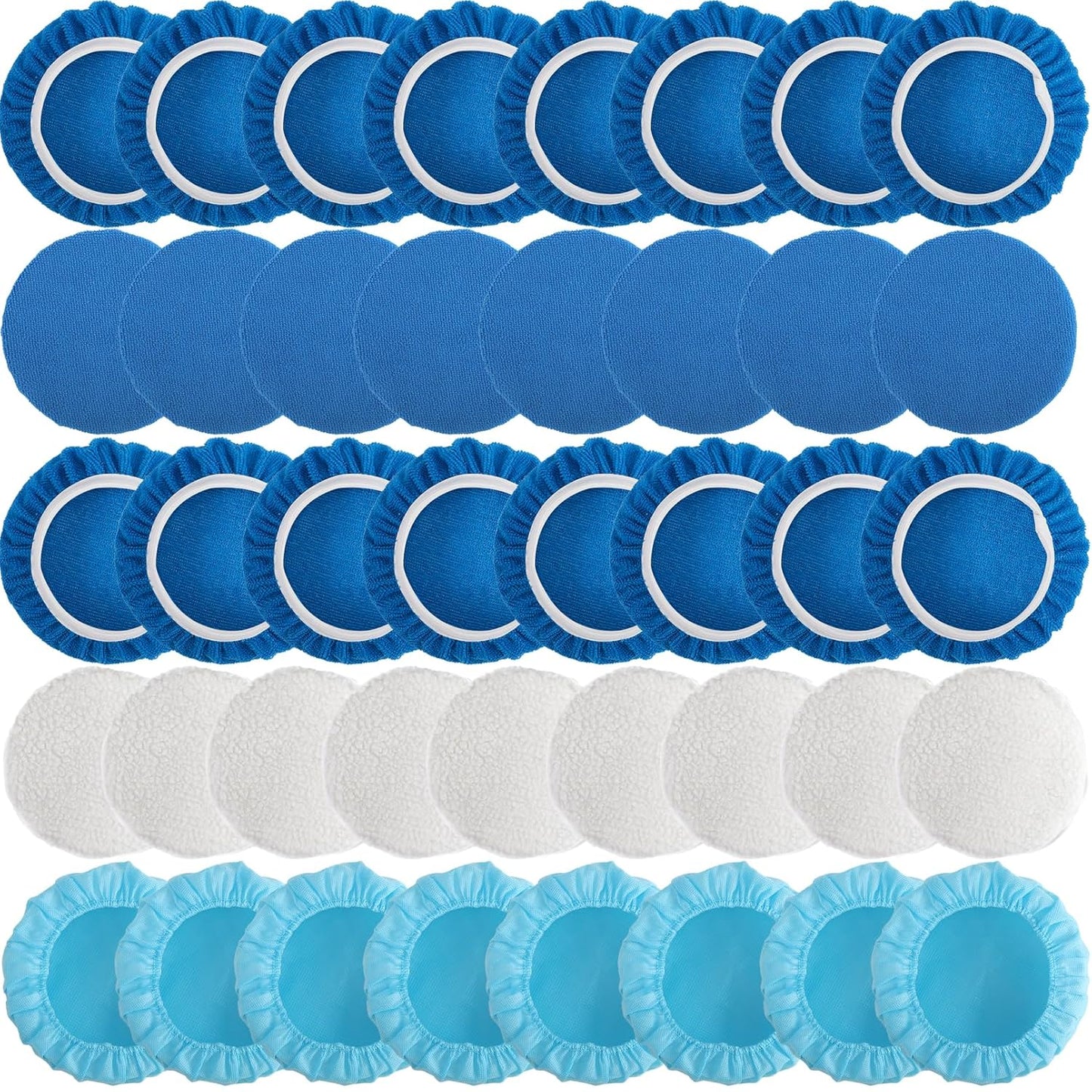 40 Piece Car Polisher Pad Set, Mix Pack of 24 Microfiber, 8 Non Woven, 8 Woolen Bonnets, 7-8 Inch, Dark Blue, Light Blue, White, Suitable for Metal, Bronze, Wood, Plastic
