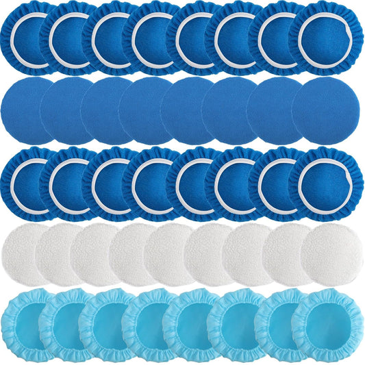 40 Piece Car Polisher Pad Set, Mix Pack of 24 Microfiber, 8 Non Woven, 8 Woolen Bonnets, 7-8 Inch, Dark Blue, Light Blue, White, Suitable for Metal, Bronze, Wood, Plastic