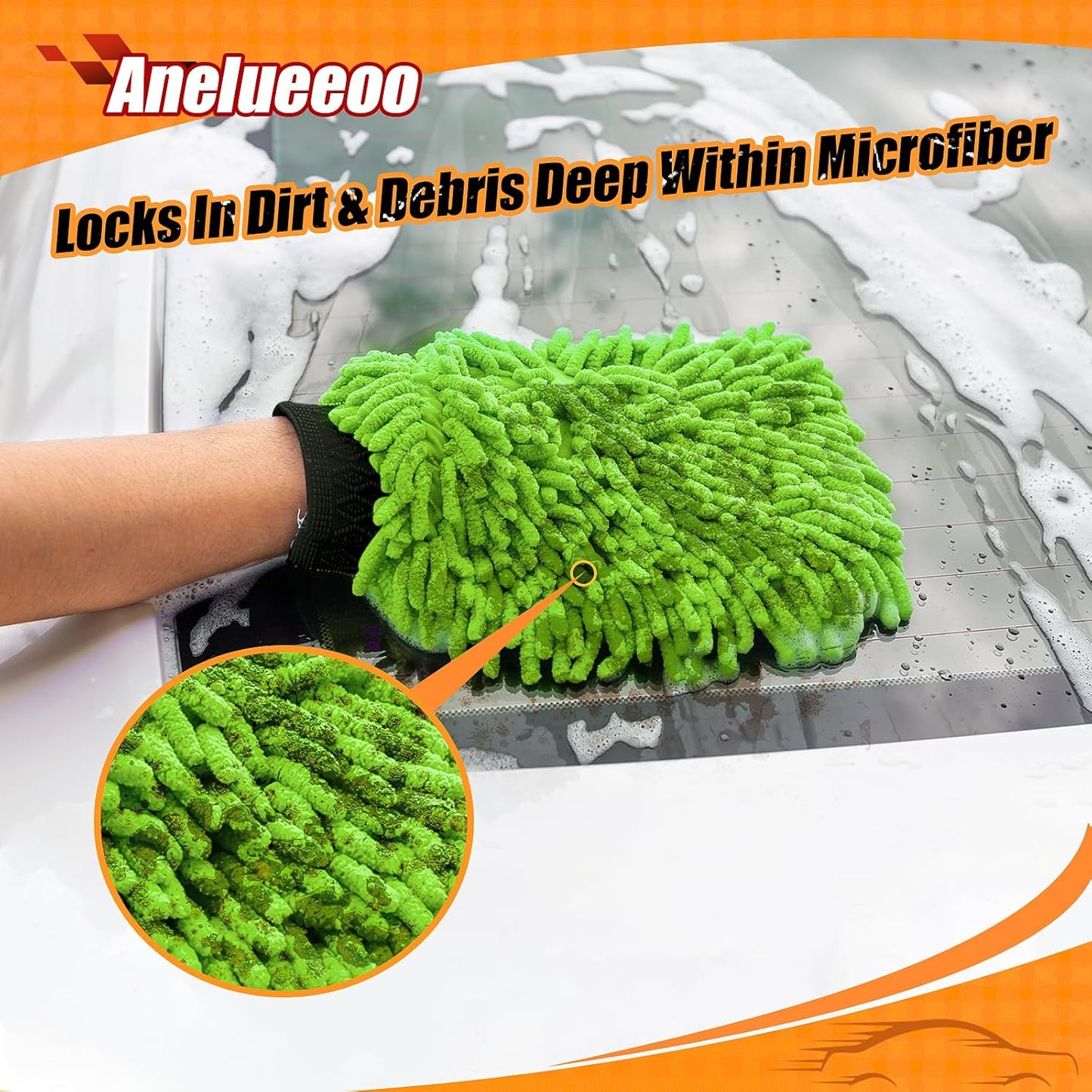 Car Wash Mitt Microfiber, Premium Chenille Microfiber Wash Car Mitts Sponge Scratch Free & Lint-Free, Mitts Waterproof Lining 2 Pack Green (8''X12'')