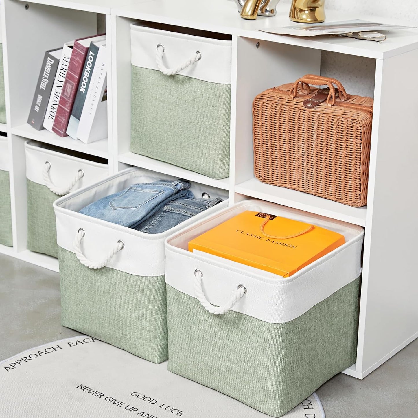 13 x 13 Inch Extra Large Storage Cubes,6 Pack Cube Storage Bins for Shelves，Fabric Collapsible Storage Bins with Handles, Foldable Storage Basket for Organizing Clothes, Toys (White&Green)