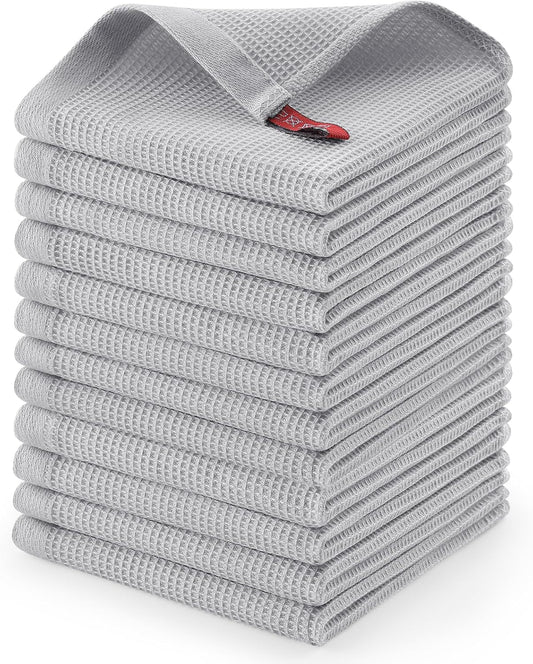 Homaxy 100% Cotton Waffle Weave Dish Cloths - 12 Pack Soft and Absorbent Dish Towels - 12 x 12 Inches Quick Dry Dish Rags - Light Grey