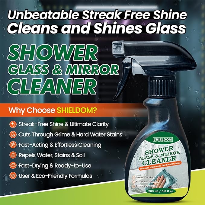 Shower Glass Cleaner, Glass Window & Mirror Cleaning Hard Water Stains Remover Removes Soap Scum/Water Spot/Fingerprint/Dirt with Squeegee & Towel for a Streak-Free Shine 6.8fl oz/200ml