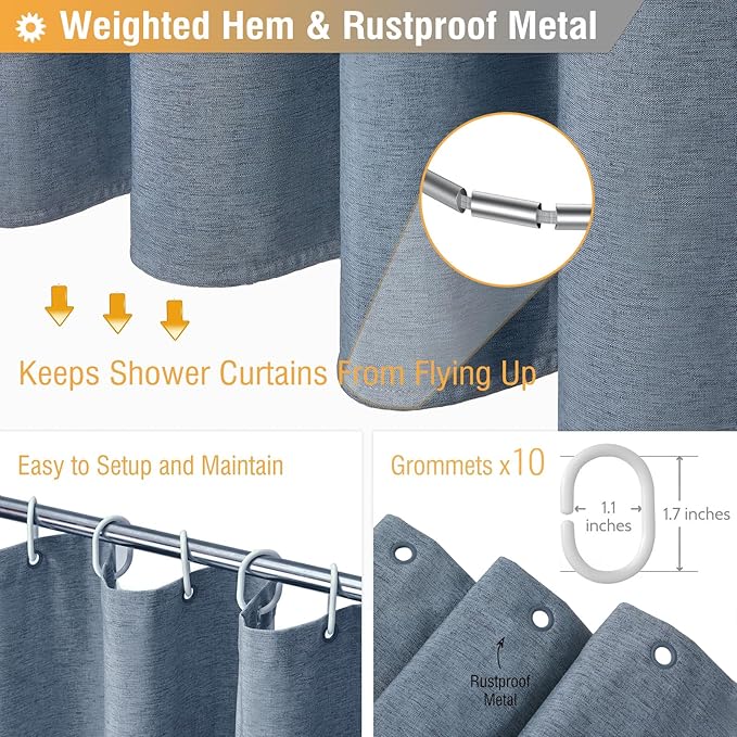 BTTN Stall Fabric Shower Curtain - 54x78 Inch Long Linen Textured Heavy Duty Thick Shower Curtain Set with 10 Plastic Hook, Hotel Spa Weighted Waterproof Neutral Bath Curtains for Bathroom - Blue Gray