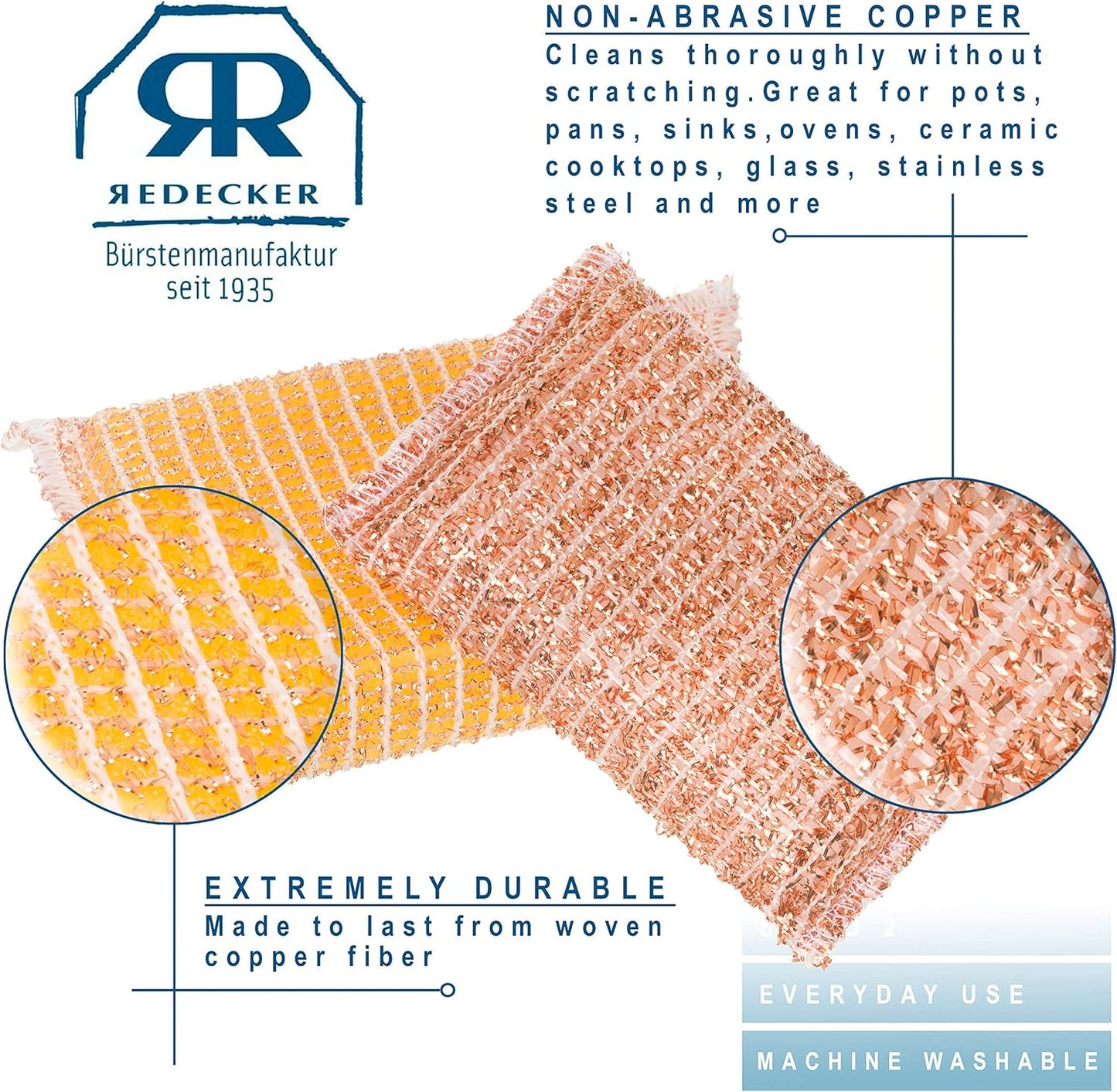 REDECKER Kitchen Woven Copper Sponge, 2-Piece - Abrasive Scrubber, Cleans Stainless Steel Appliances, Pots and Pans, Auto Parts and More, Machine Washable - Copper Cleaning Sponge