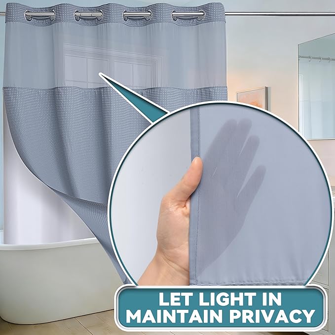 Conbo Mio Stall No Hook Waffle Weave Shower Curtain with Snap in Liner Set, Hotel Luxury Grey Shower Curtains for Bathroom with See Through Top Window, Waterproof, Washable 54W x 74H