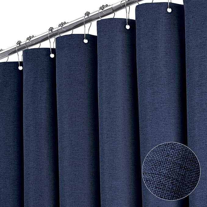 BTTN Extra Long Shower Curtain - 72x84 Inch Long Linen Textured Heavy Duty Fabric Shower Curtain Set with 12 Plastic Hooks, Tall Luxury Simple Waterproof Cloth Shower Curtains for Bathroom, Navy Blue