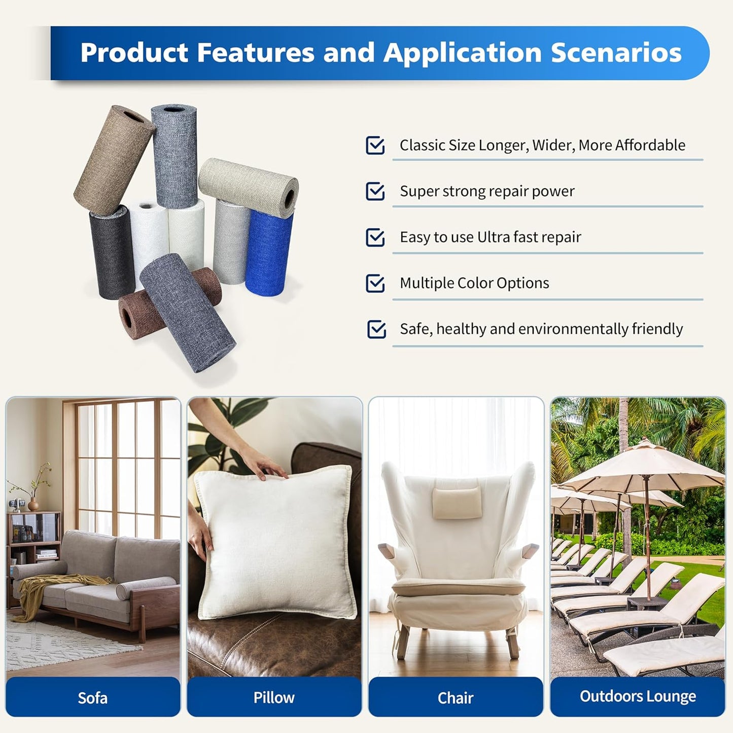 KING MOUNTAIN Linen Repair Patches, Self-Adhesive Fabric Patches, 4 X 63 inch Extra Size, Multi Color, Can be Used for Sofa Repair and Linen Clothes Repair (Light Grey 2.0)