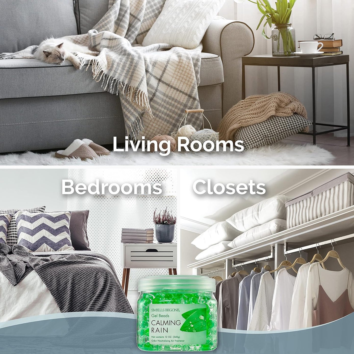 SMELLS BEGONE Odor Eliminator Gel Bead Value Pack - 72 oz - Air Freshener Eliminates Odors in Bathrooms, Pet Areas, Boats, RVs & Cars - Made with Essential Oils - Calming Rain Scent