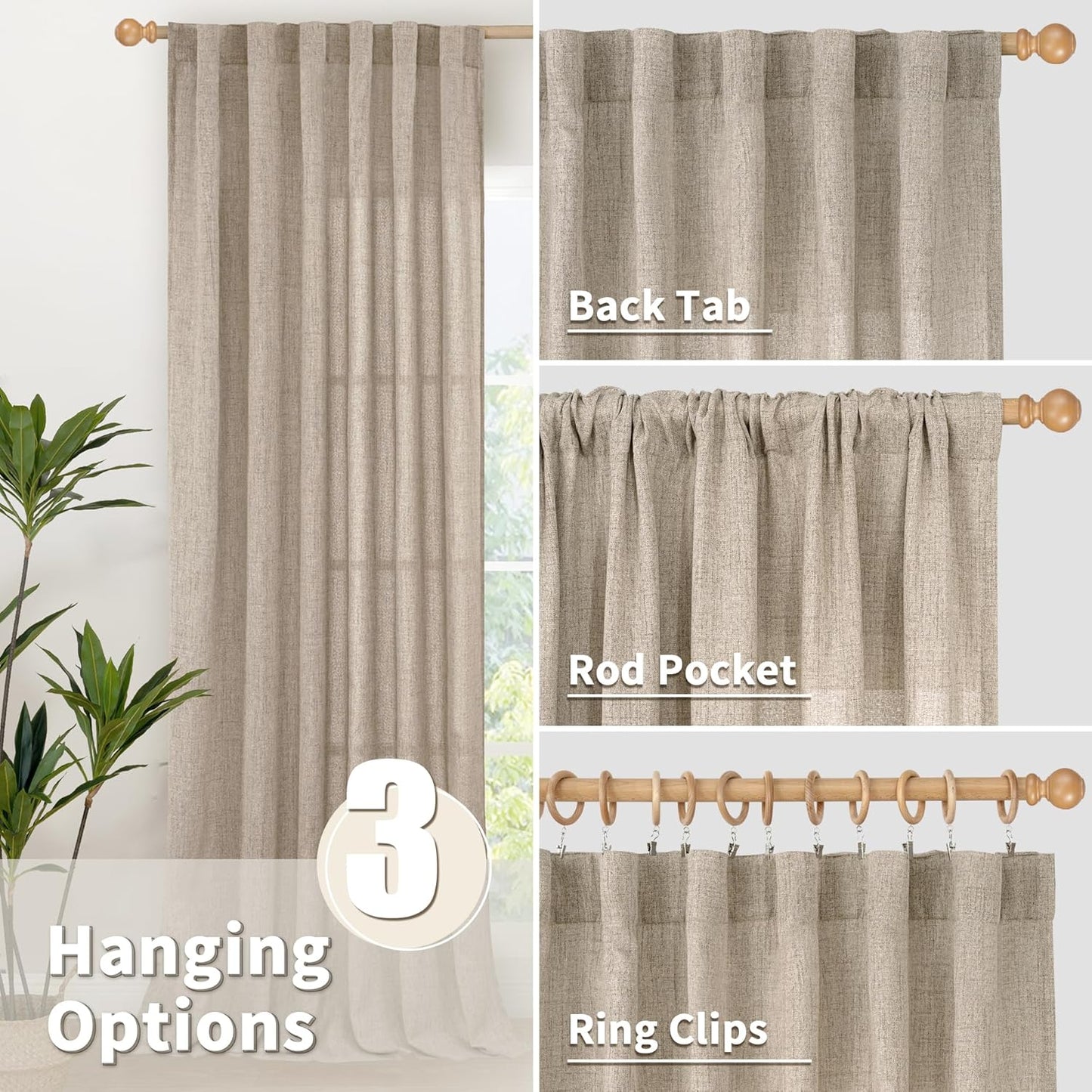 YoungsTex Small Linen Curtains 36 Inch Length for Kitchen Window Over Sink, Cafe Drapes Semi Sheer with Rod Pocket Back Tab Light Filtering for Bathroom Window, Dark Oatmeal, 2 Panels, 30 X 36 Inch