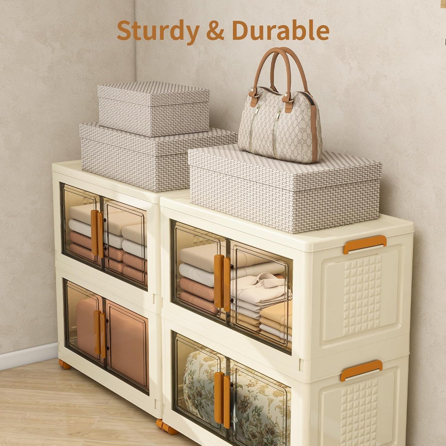 Plastic Stackable Storage Bins with Lids and Wheels, Closet Organizers and Storage Containers for Bathroom, Collapsible Clear Drawer Storage Cabinet with Doors 38Gal 2Tiers