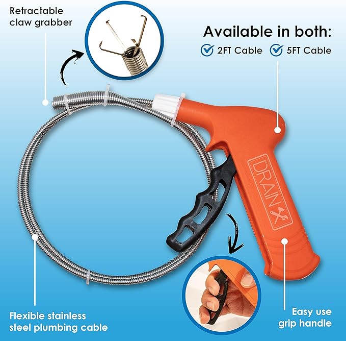 Pistol Grip Grabber Claw, Drain Clog Pickup Snake, Remove Hair and Clogs from Sink, Shower, Tub, Toilet Drains, 2-Ft