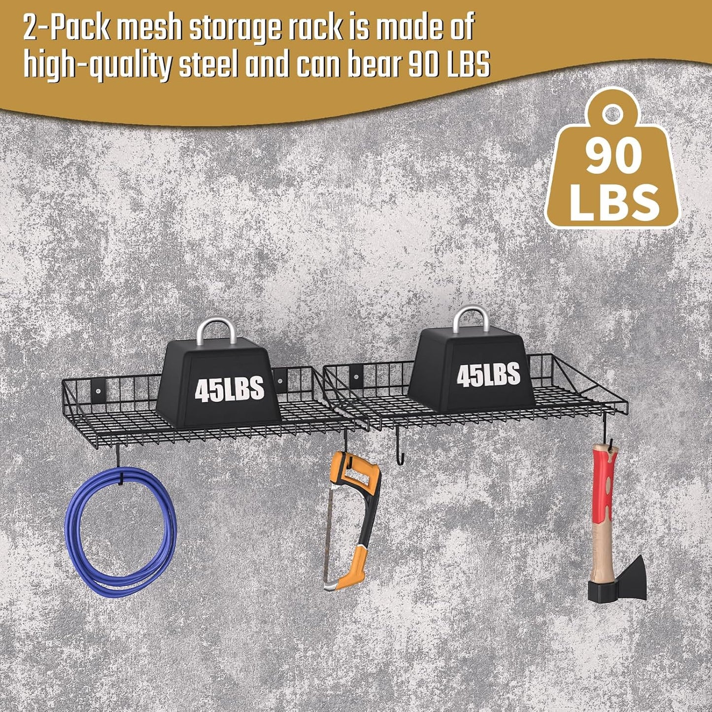 2 Pack Garage Wall Shelf, Garage Wall Mounted Shelving, Heavy Duty Floating Shelves With 4 Hooks, Loads 90 LBS Black Wall Shelves Mesh Storage Rack for Office, Basement, Wall Cabinet and Kitchen