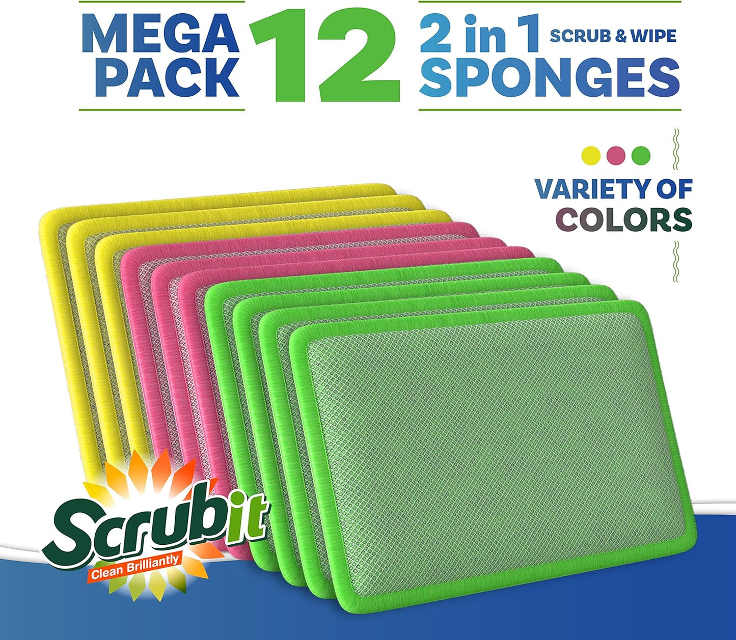 SCRUBIT - [12 Pack] Scrub and Wipe Cleaning Pads – Dual Sided Scouring Pad and Dish Sponge -Reusable Kitchen Sponge for Pots, Pans Utensils & Non-Stick Cookware - Assorted Color Dishwashing sponges