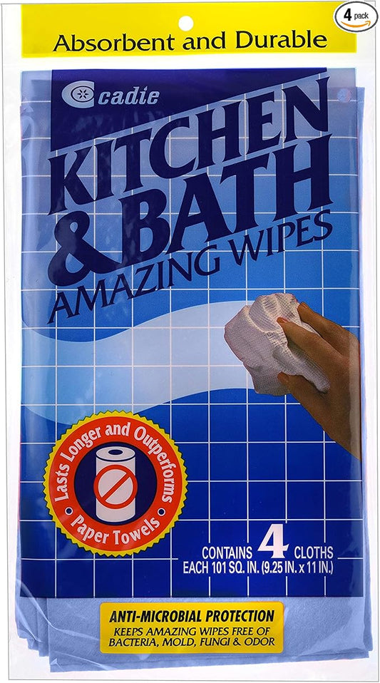 Kitchen and Bath Amazing Wipes-Absorbent and Reusable Cloth for Washing,Drying,Wiping in The Bathroom or Cuisine Surfaces|Cleaning Sink,Tiles,Bathtub,Walls,Mirror Or Floors (1 Pack-4 Wipes, Blue)