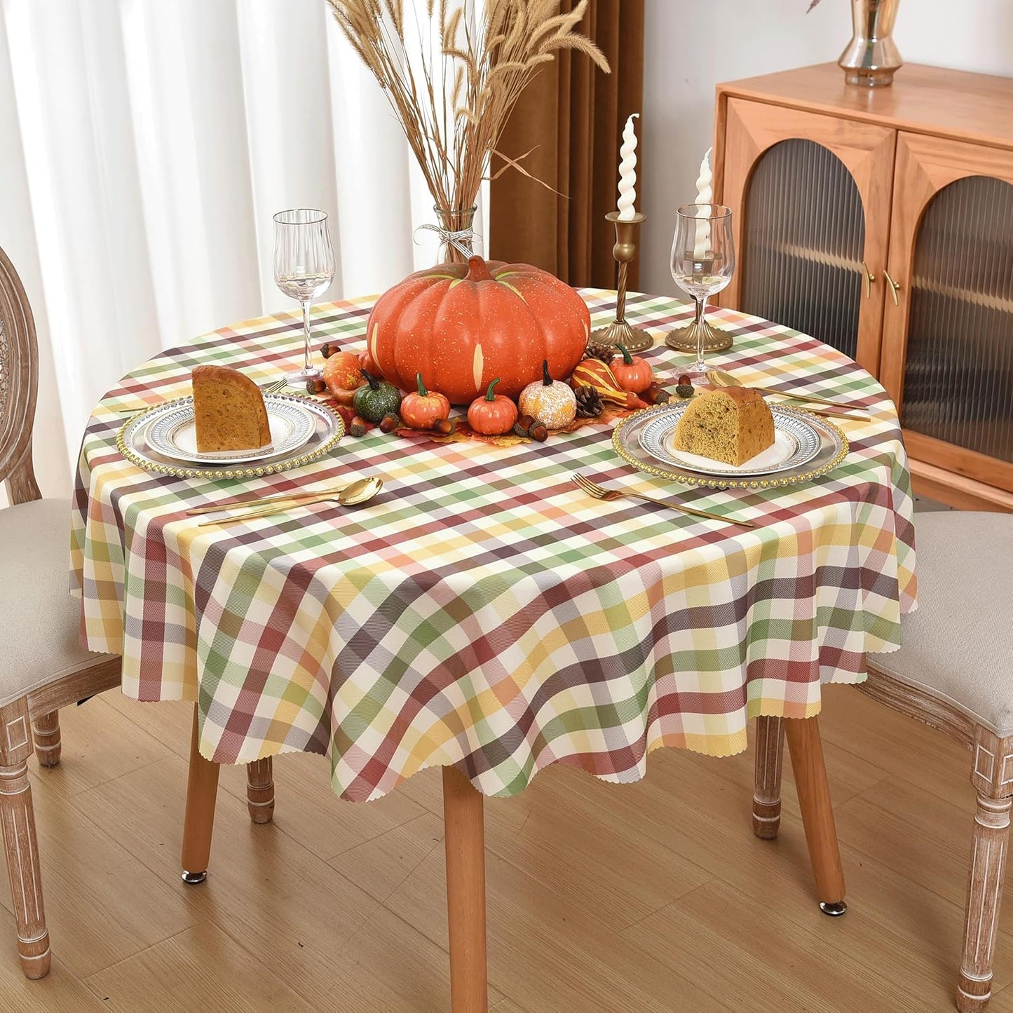 Waterproof Plaid Tablecloth Fabric - Round 58 Inch Classic Gingham Checker Table Cloth for Indoor/Outdoor Use - Buffalo Table Cover for Picnics, BBQs, and Parties