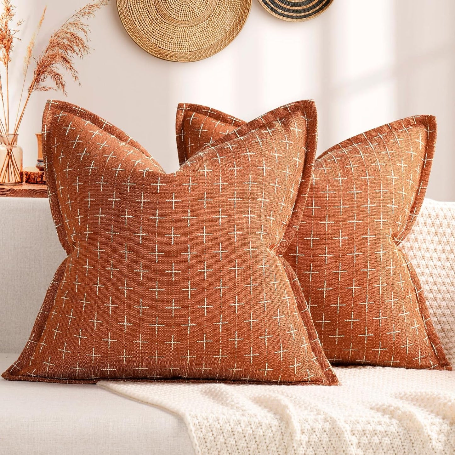 ZWJD Fall Pillow Covers 18x18 Set of 2 Soft Polyester Textured Pillow Covers with Stylish Flange Edge Cozy Farmhouse Throw Pillows for Couch Bed Sofa Living Room