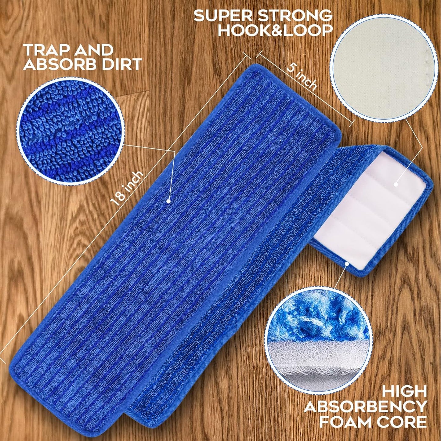 Matthew 18'' Microfiber Mop Replacement Pads for Wet Dry Reusable Mops Floor Home Commercial Cleaning Refills, Machine Washable Compatible with Bona Mop&Any Microfiber Flat Mop System Blue (12 Pack)