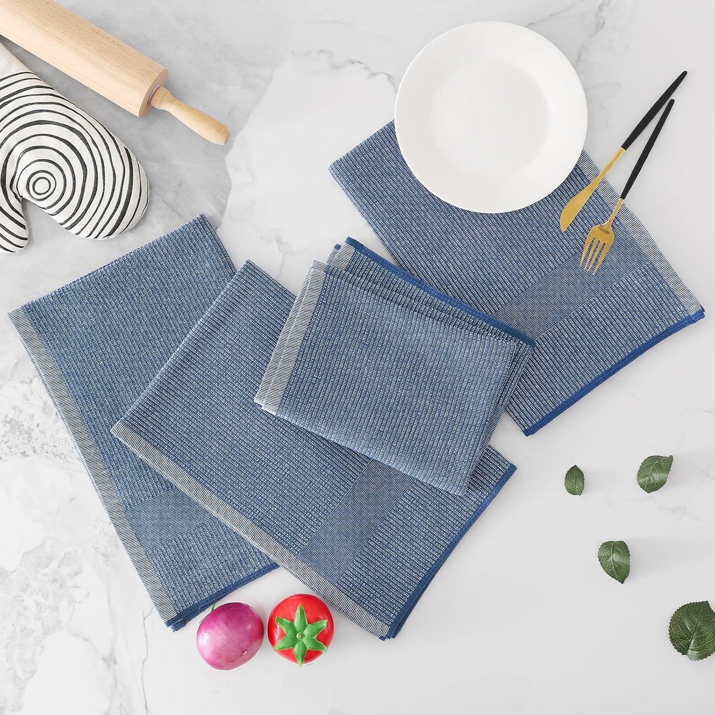 Homaxy Premium Kitchen Towels(18”x 28”, 8 Pack), Large Cotton Kitchen Hand Towels, Flat and Terry Dish Towels, 380 GSM Highly Absorbent Tea Towel Set with Hanging Loop, Navy Blue