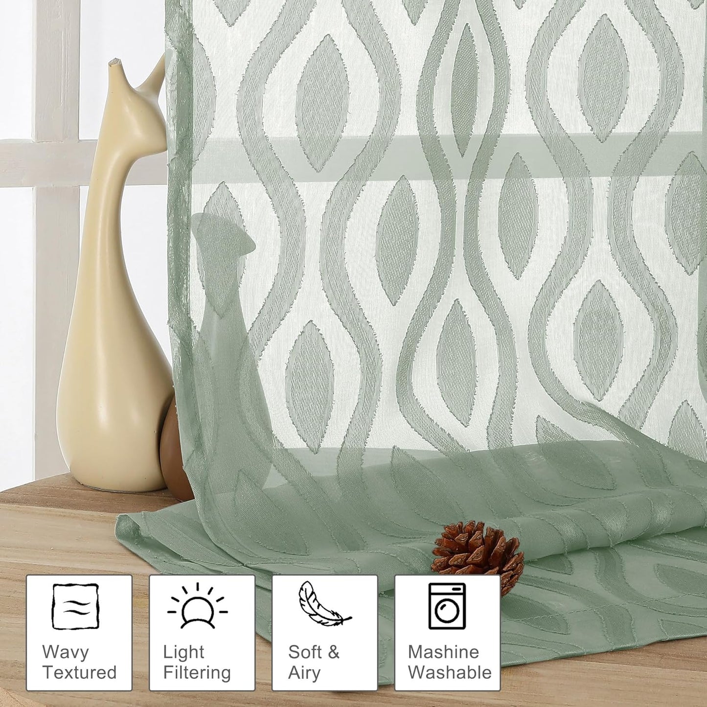 Aiyufeng Sheer Green Curtains 54 Inch Length 2 Panels, Soft Lightweight Clip Jacquard Textured Farmhouse for Bedroom, Modern Wavy Line Voile Sheer for Living Room, 40" Wx54 L Inches