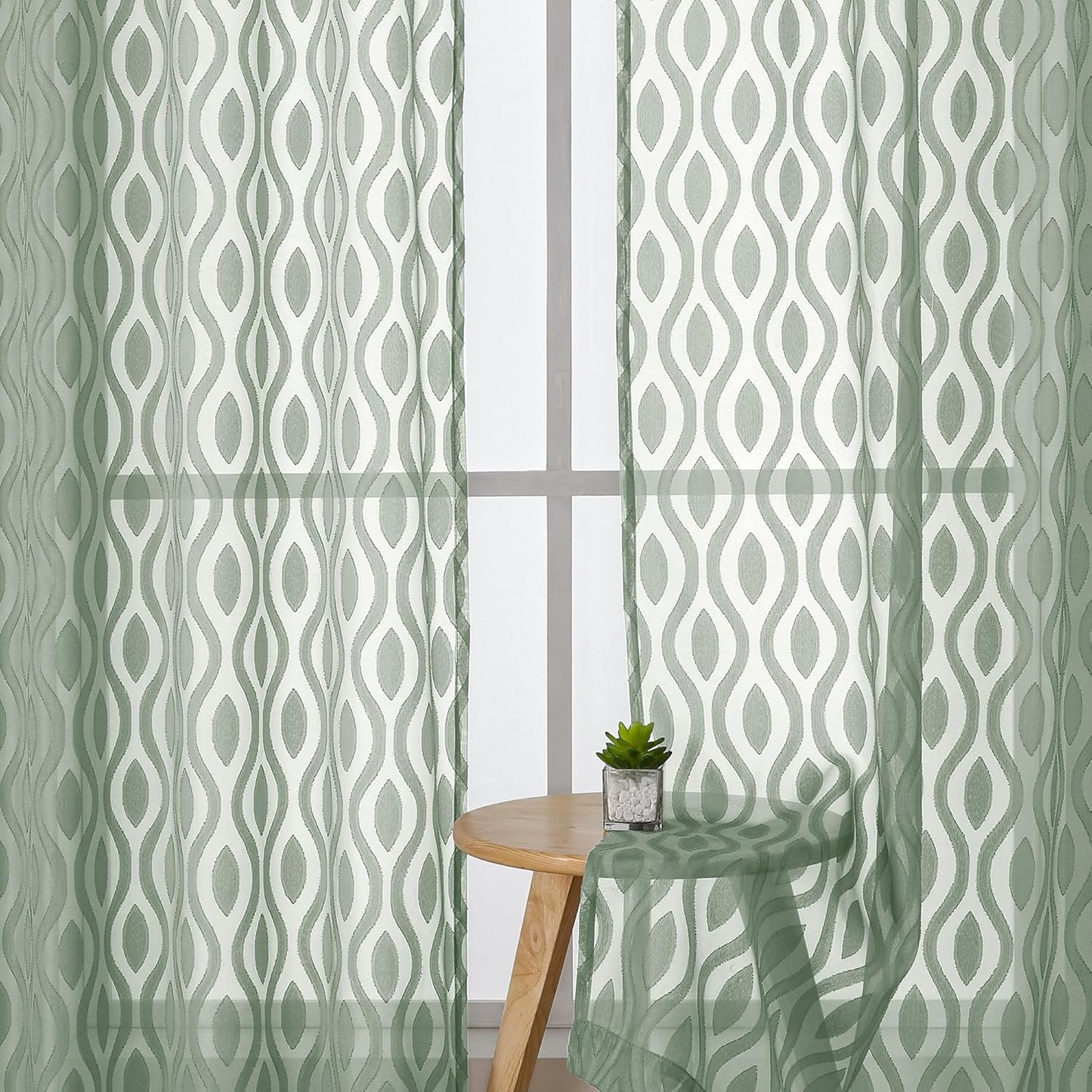 Aiyufeng Green Sheer Curtains Tiers 36 Inch Length 2 Panels Set, Airy Lightweight Clip Jacquard Short Kitchen Window Curtains, Modern Wavy Line Textured Voile Sheer Curtain Panles, 40" Wx36 L Inches