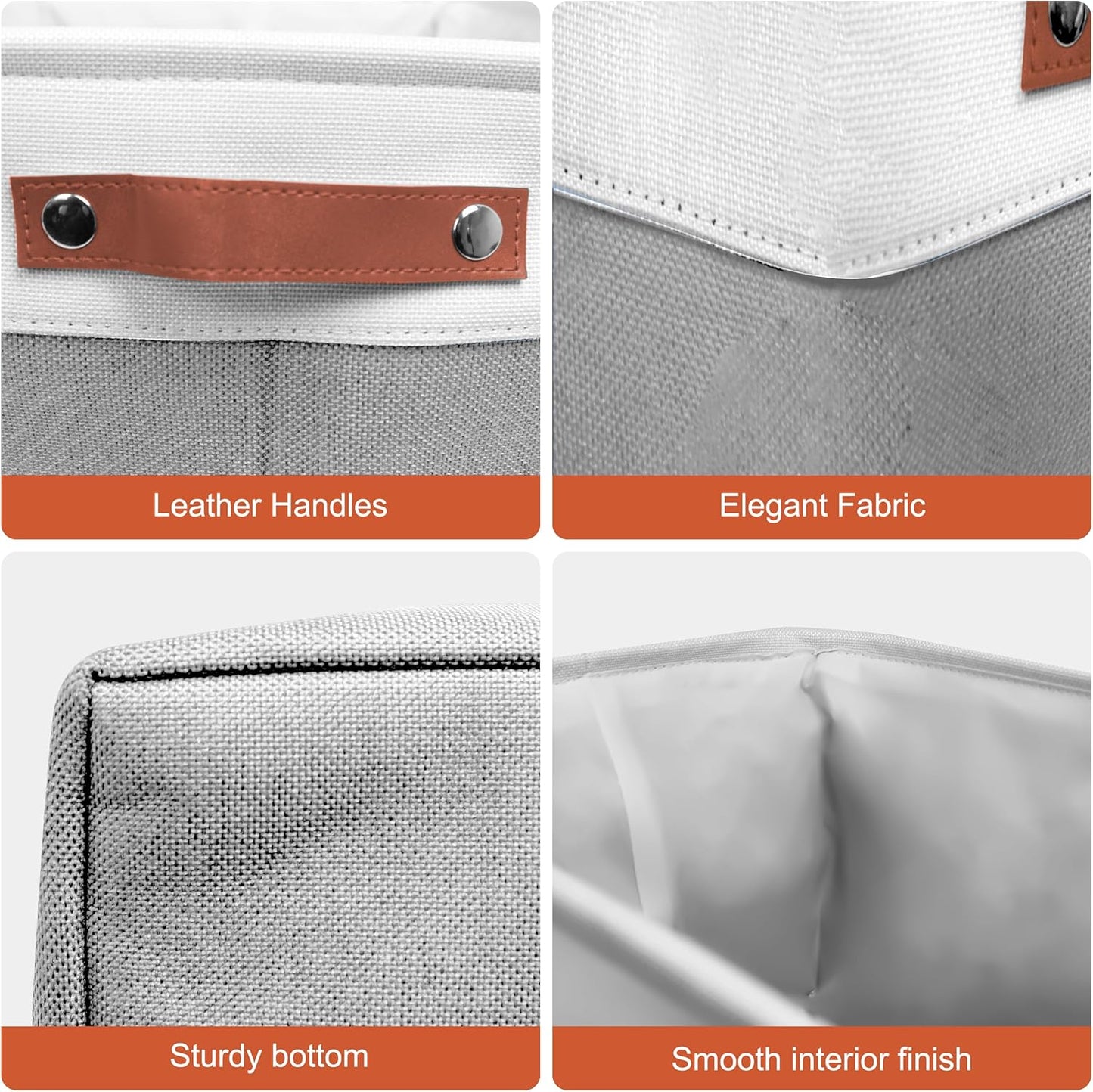 12in Open Fabric Storage Basket with Leather Handles for Organizing, Collapsible Linen Closet Bins for Shelves, Closets, Laundry, Decorative Basket for Gifts. (White＆Gray, 3PCS/12x12in)