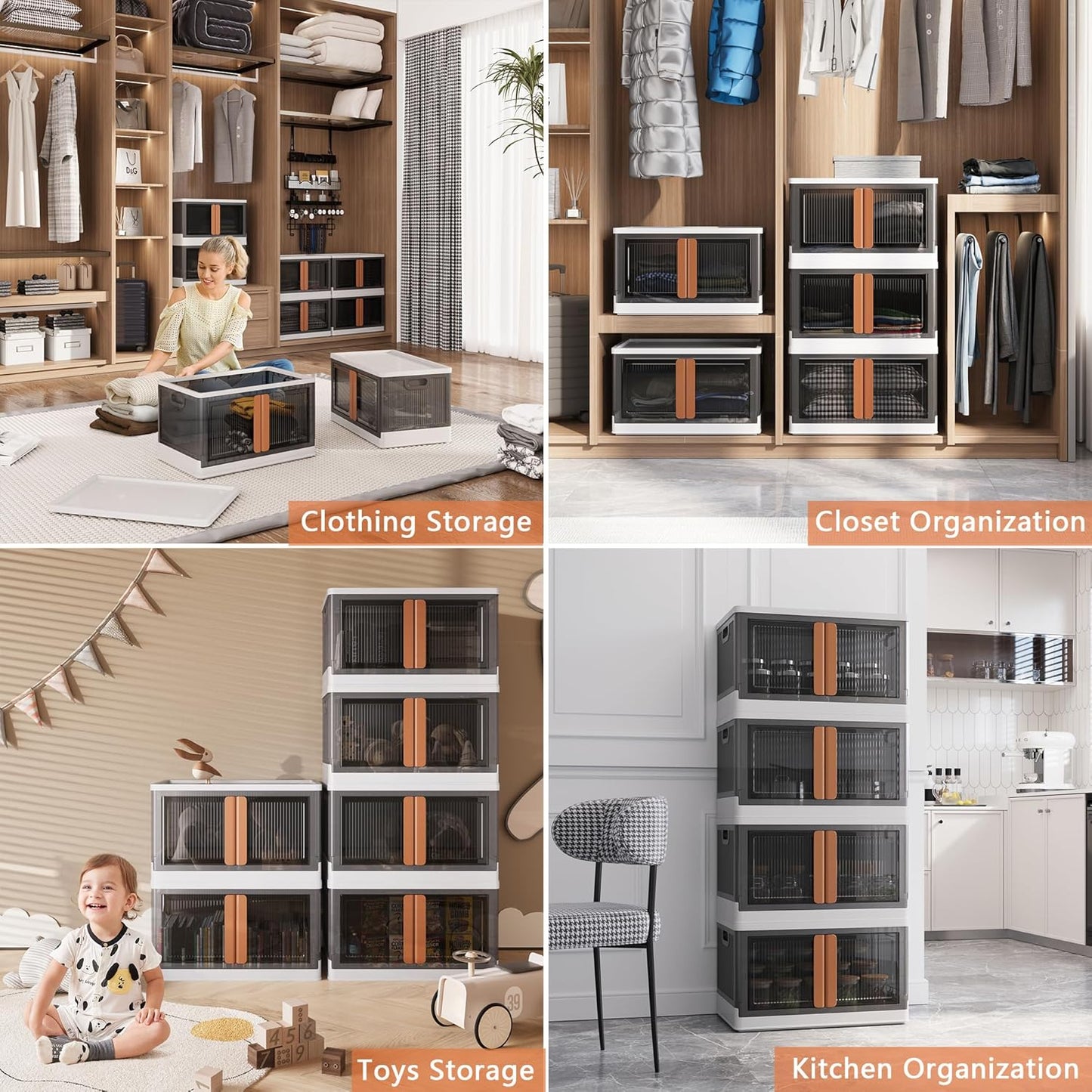 19Gal Collapsible Storage Bins with Lids & Wheels - 2 Pack Stackable with Doors, Heavy-Duty Plastic Containers for Home/Office, White