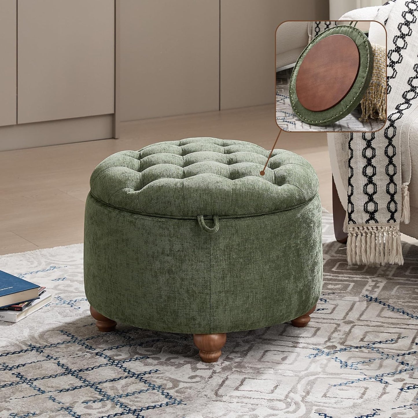 24Inch Round Storage Ottoman with Tray, Modern Tufted Circle Coffee Table with Storage, Upholstered Ottoman with Removable Top for Living Room, Bedroom, Chenille Green