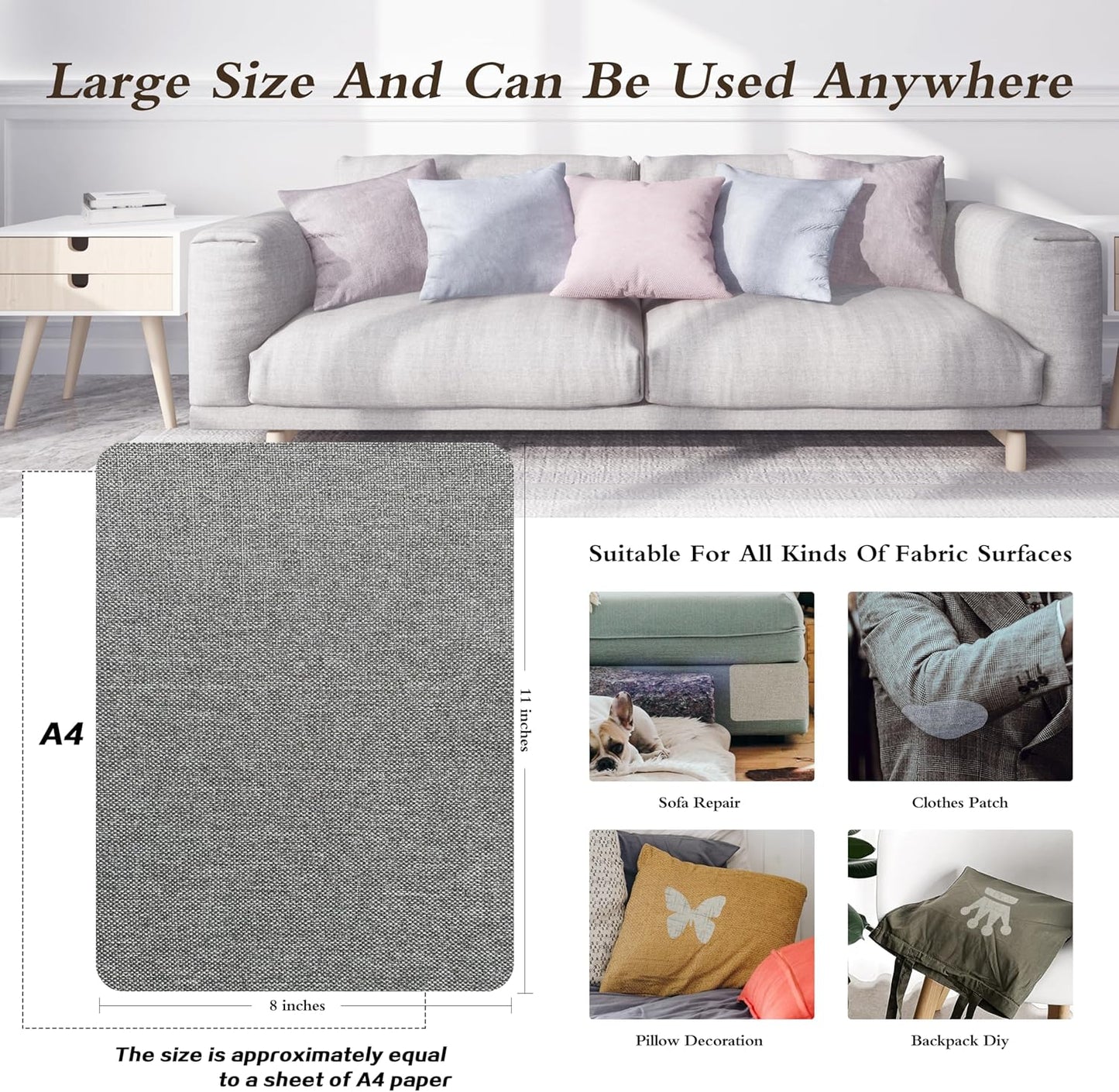 KING MOUNTAIN Coarse Linen Repair Patches, Self-Adhesive Linen Fabric Patches, 8X11 inch 2 PCS, Multi Color, Can be Used for Linen Sofa Repair and Linen Clothes Repair(8" x 11"-2PCS, Smoky Grey)