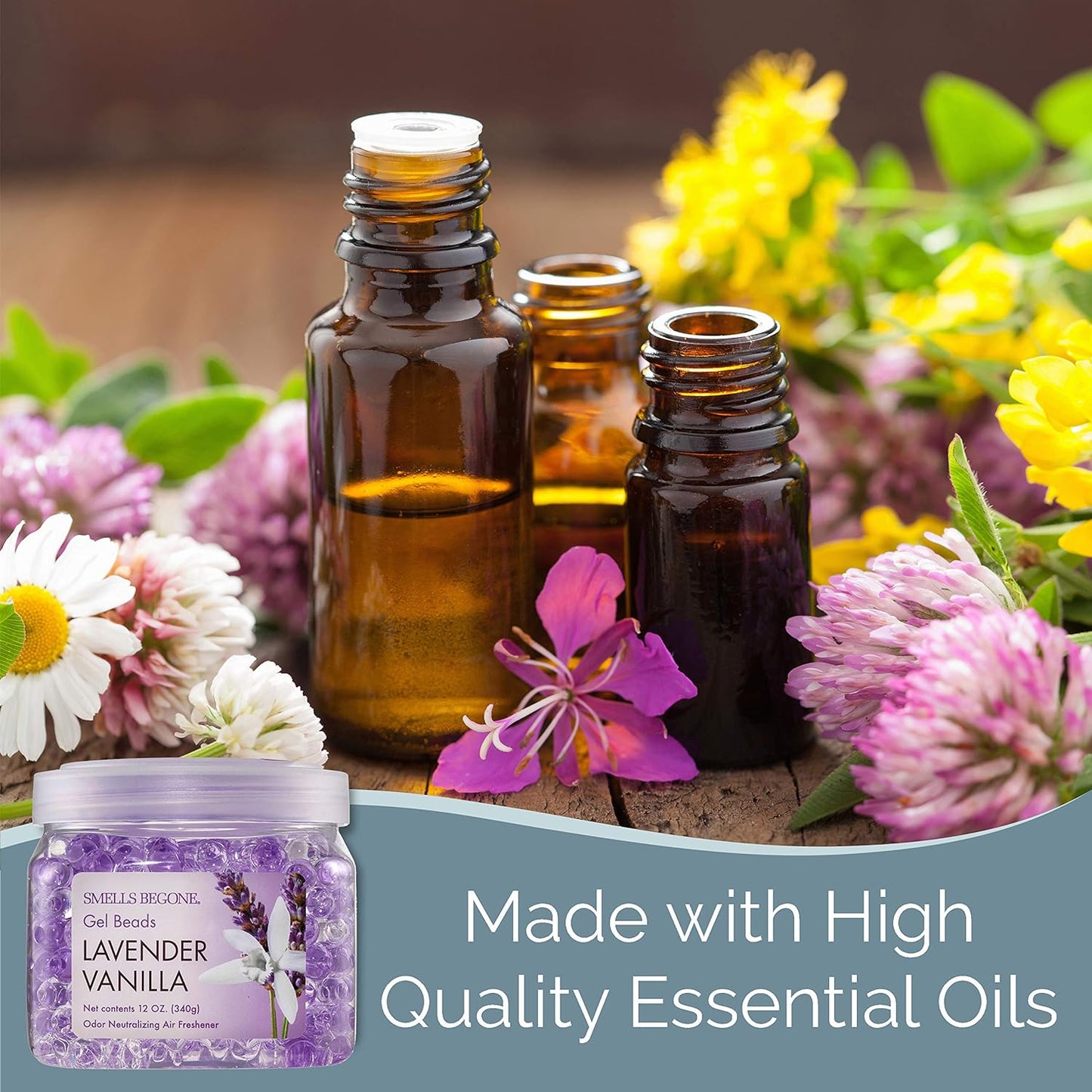 SMELLS BEGONE Odor Eliminator Gel Beads - Air Freshener - Eliminates Odor in Bathrooms, Cars, Boats, RVs & Pet Areas - Made with Essential Oils - Lavender Vanilla Scent - 12 Ounce