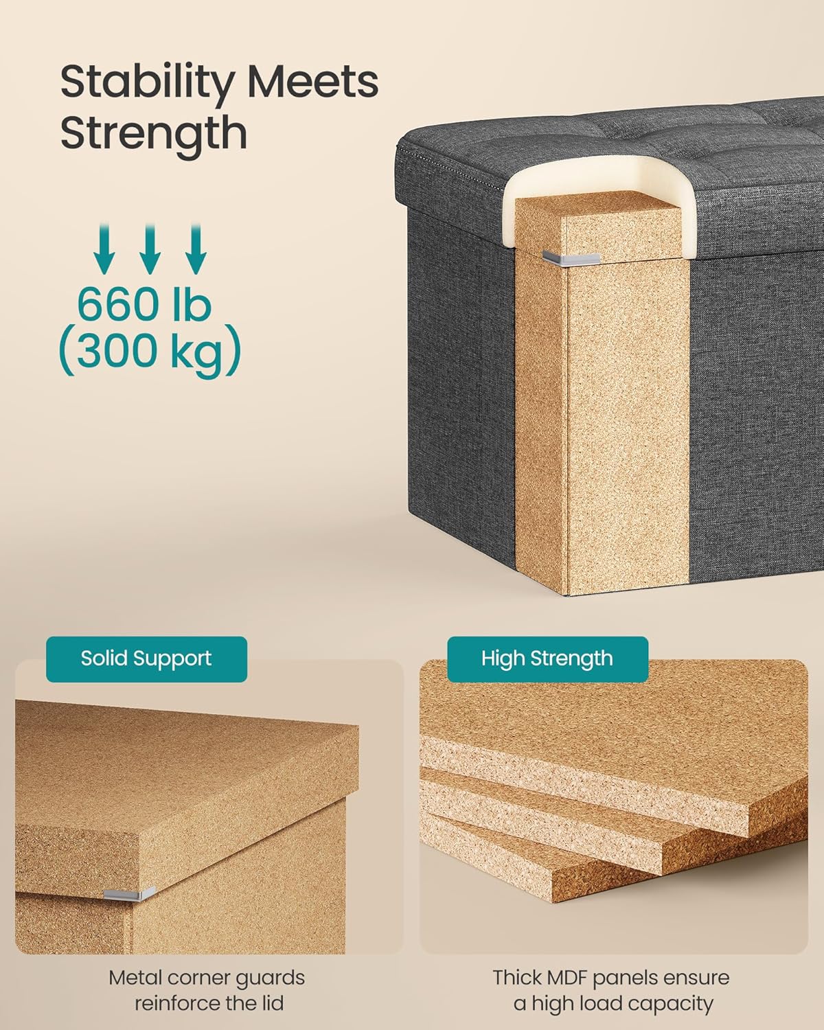 SONGMICS MAZIE Collection - 30 Inches Folding Storage Ottoman Bench, Ottoman Foot Rest, End of Bed Bench, Storage Chest, Load 660 lb, for Living Room, Bedroom, Entryway, Dark Gray ULSF47K