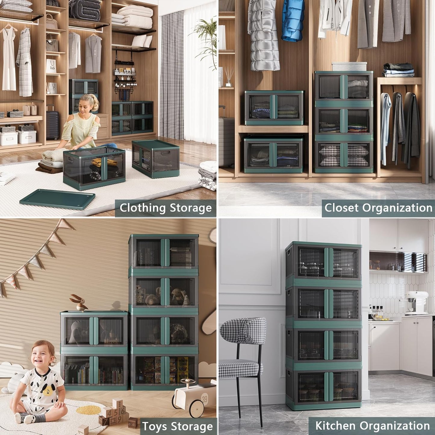 19Gal Collapsible Storage Bins with Lids & Wheels - 3 Pack Stackable with Doors, Heavy-Duty Plastic Containers for Home/Office, Green