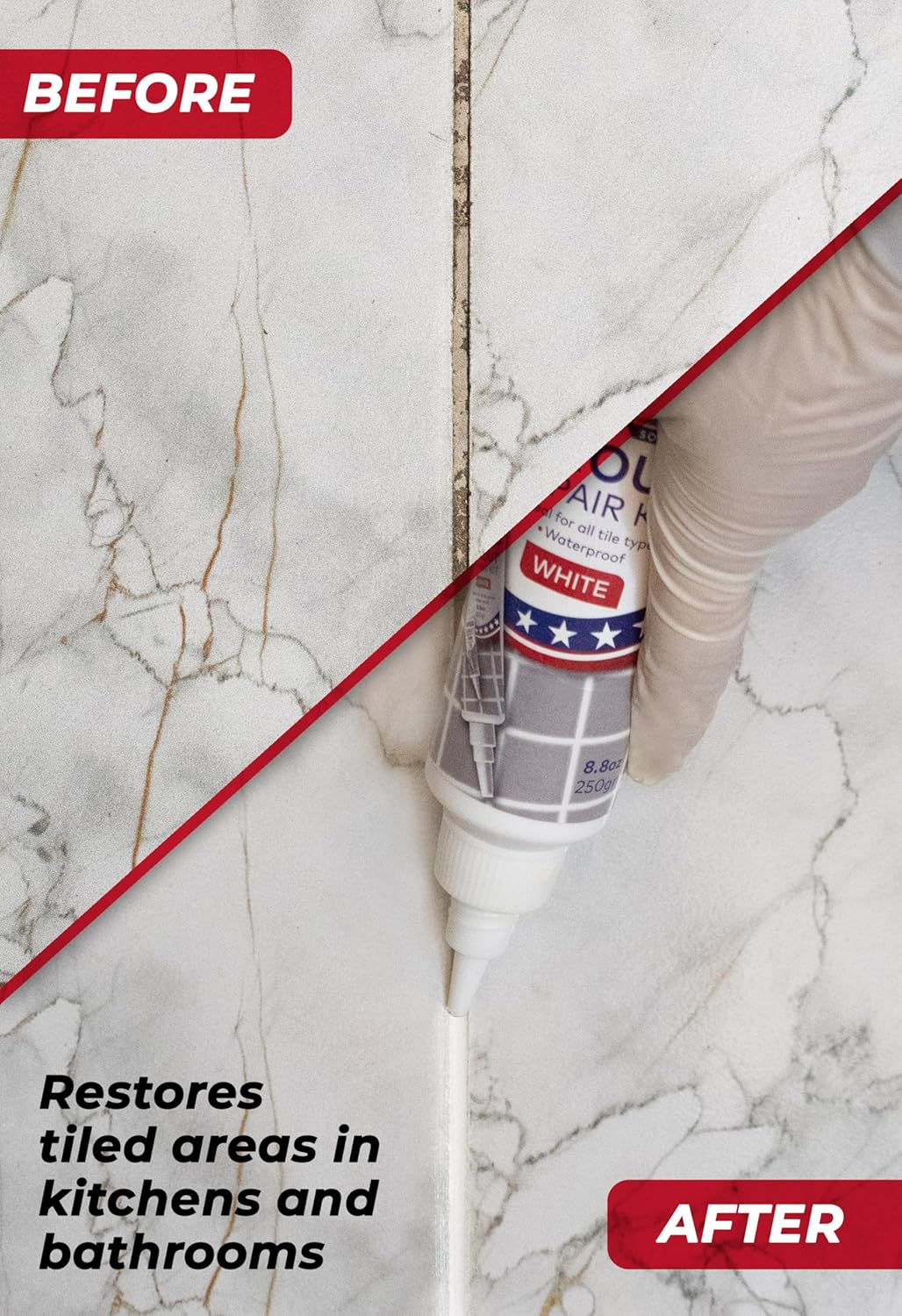 Tile Grout Repair, White 8.8 oz/250gr. Fast Drying Grout Repair Kit, Grout Filler Tube Repair Kit, Tile Grout Paint, Grout Sealer Restore and Renew Bathroom Floor, Tile Gaps, Joints, Lines