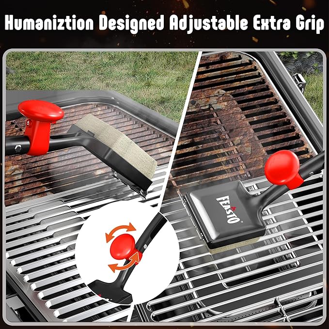 Grill Brush with Steam and 2 Replacement Brush Heads, 6-in-1 Bristle-Free with Interwoven-Tech & Thermal-Sensitive Sponge, Stainless Steel Scraper, 360° Rotating Knob, Bottle Opener