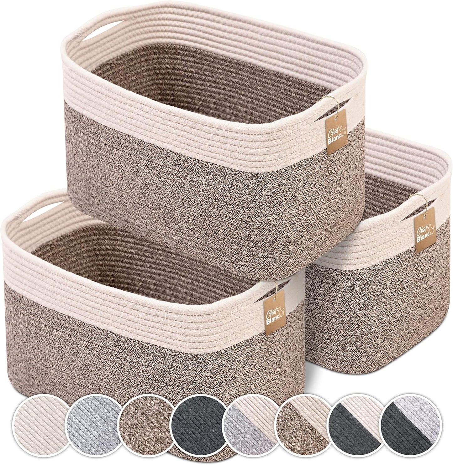 CHAT BLANC Cotton Rope Baskets for Organizing | 15”x10”x9” Storage Baskets for Shelves | Small Laundry Woven Baskets for Storage, Dog Toy Bin, Baby Basket,Off White&Brown 3 Pack